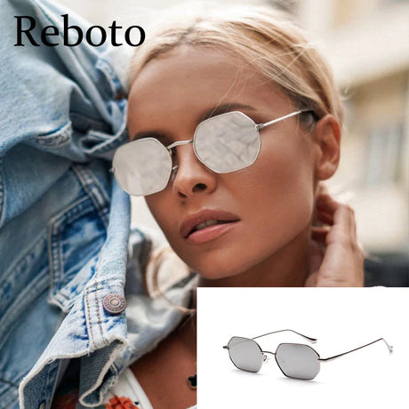 Hipster Polygon Sunglasses For Women Vintage Retro Silver Mirror Metal Frame Sunglasses Classic Square 90’S Shades Trendy 2022