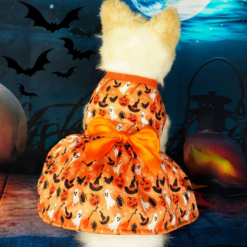 Halloween Dog Dress Halloween Costume Festival Puppy Dress Skirt Pumpkin Head Printed Pet Cosplay Party Apparel for Yorkie