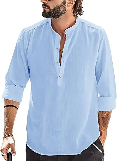 Casual Men's Fashion Stand Collar Cotton Linen Loose Long Sleeve Shirt Business Slim Fit Shirts For Men Clothing