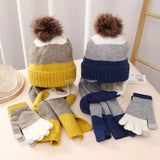 Kids Hat Scarf & Gloves Set Winter Pom Pom Hat with Gloves & Scarf Warm Knitted Beanie Hats Girls Boys Gloves Dropship