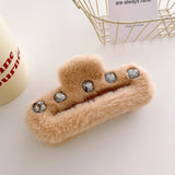 Autumn Winter Retro Oversized Geometric Plush Hair Clip Claw Fashion Light Luxury Rhinestones Plush Shark Clip Hair Accessories