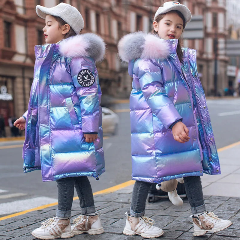 3-14 Years Old Winter Boys Girls Jacket Long Style Hooded Fur Collar Colorful Heavy Coat For Kids Children Outerwear