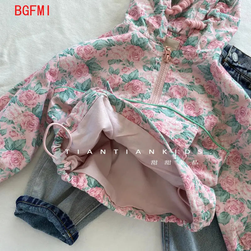 90-130cm Children's Pink Floral Flower Hooded Coat Toddler Girls 2023 Autumn Girls' Korean Pullover Windproof and BreathableTop