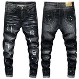 Ripped Denim Luxury Designer Slim Jeans Men's Washed Tapered Brushed Motorcycle Straight Pants Male Black Jean trousers for men