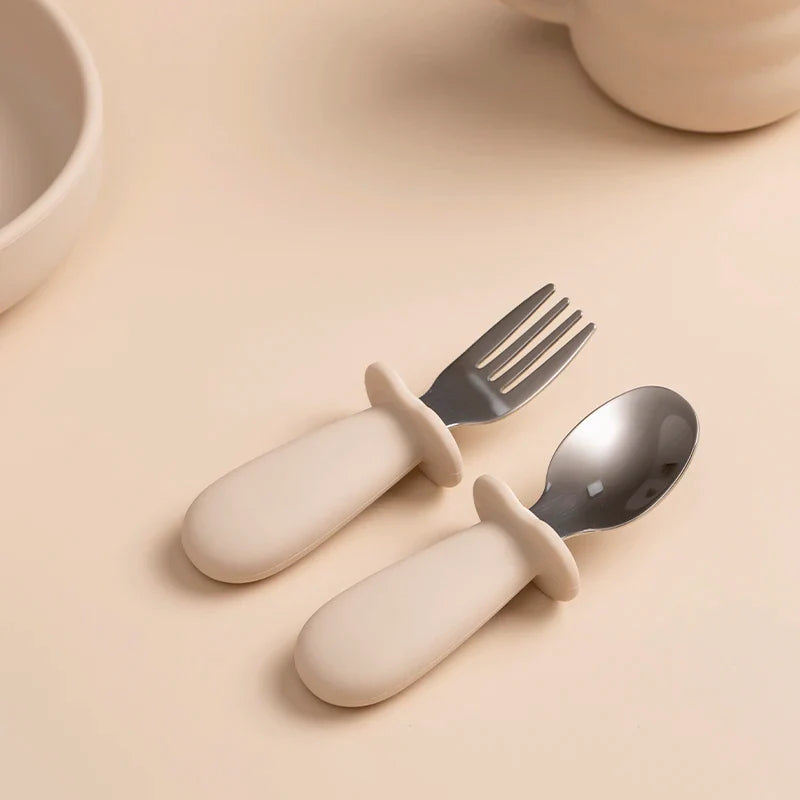 Solid Color Baby Gadget Tableware Set Children Utensil Stainless Steel Infant Food Feeding Spoon Fork Toddler Dinnerware Cutlery