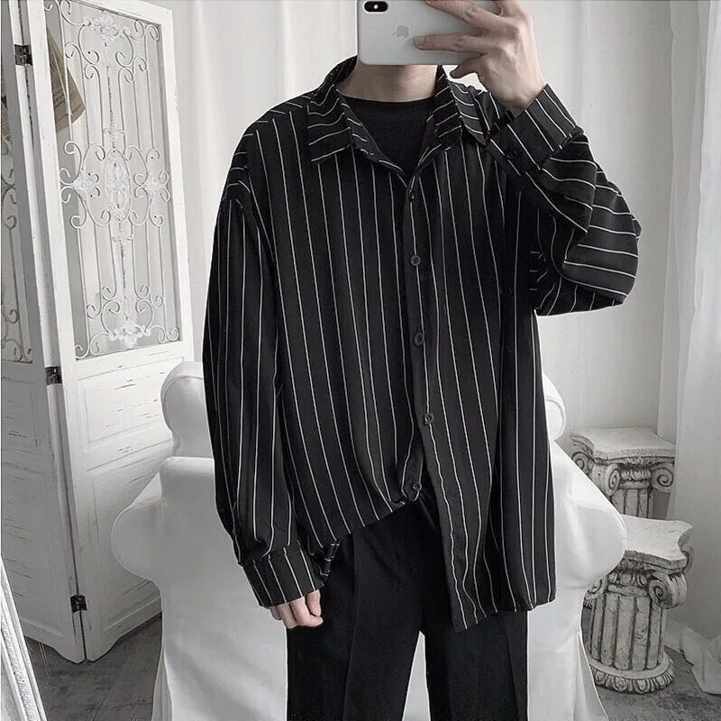 Fashion Lapel Button All-match Printed Striped Shirts Men's Clothing 2022 Autumn New Loose Casual Tops Long Sleeve Korean Shirt