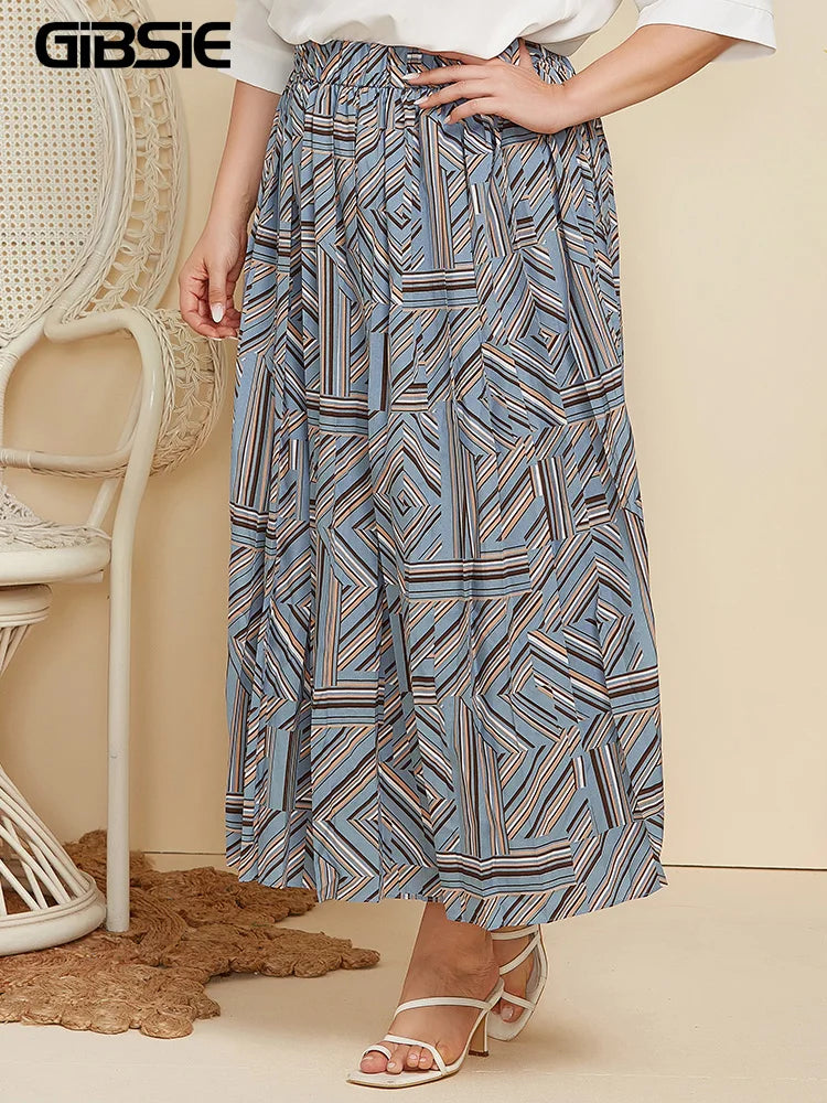 GIBSIE Plus Size Geometric Print Pleated Maxi Long Skirts Women Spring Autumn Fashion High Elastic Waist Casual Skirt xxxl 4xl