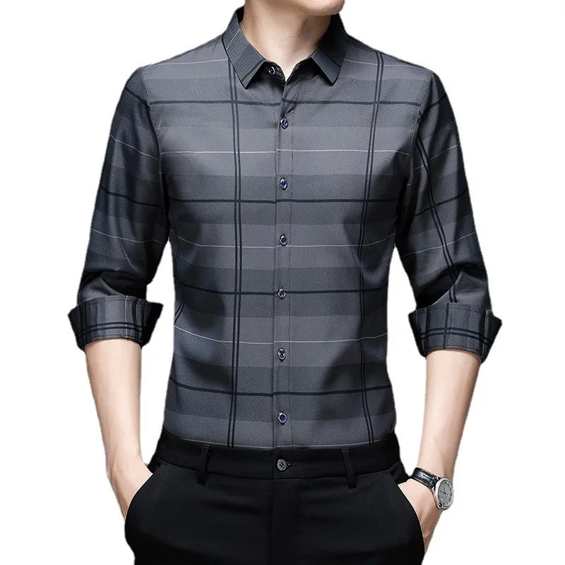 Spring Autumn Plaid Polo Shirt Men's Long Sleeve Shirts Casual Fashion Business Shirts Male Formal Top