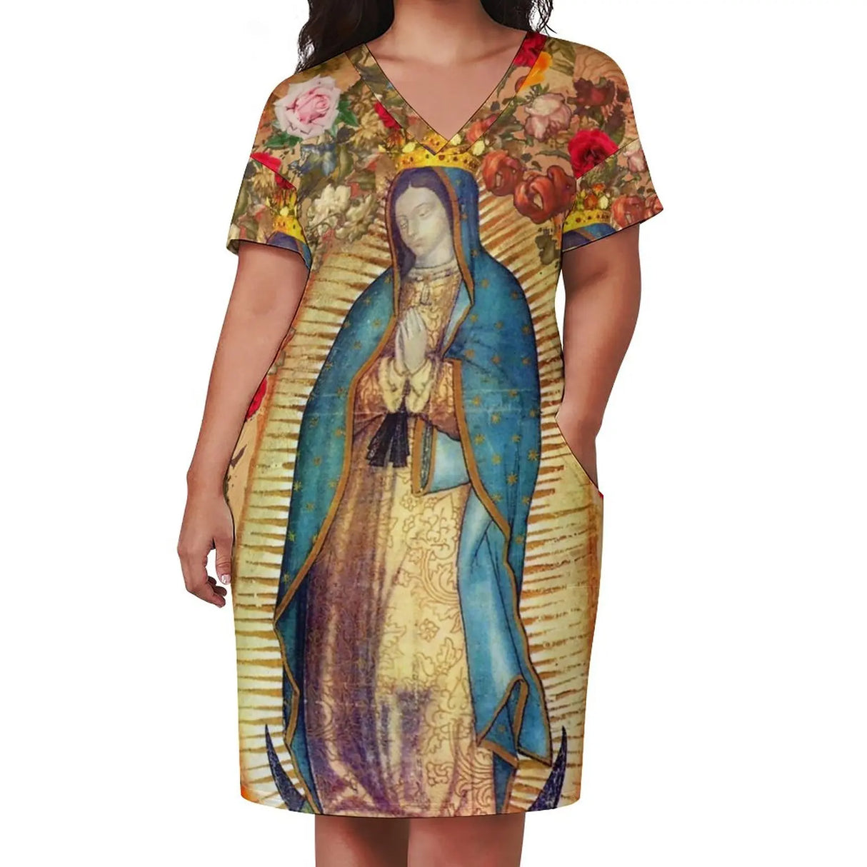 Virgin Mary Catholic Dress Short Sleeve Our Lady of Guadalupe Street Style Dresses Holiday Kawaii Casual Dress Plus Size Clothes