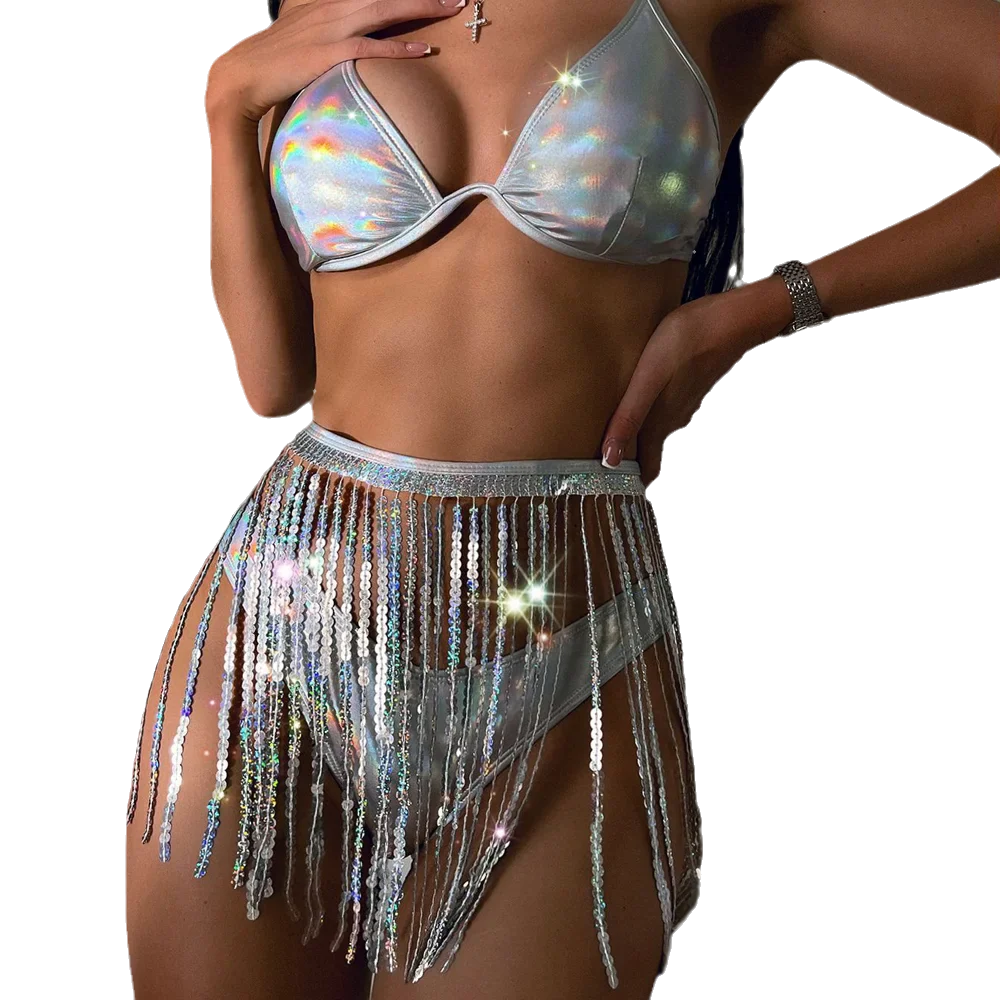 European American three point swimsuit sequin tassel skirt swimsuit three piece set European American spicy girl women clothing