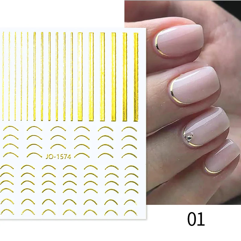 3D Silver Frame Nail Sticker Silver Bronzing Stripe Lines Sliders For Nails Tribal Pattern Decals Marble Blooming Nail Tattoos