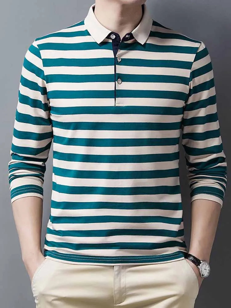 Cotton Spring And Autumn New Business Leisure Lapel Long Sleeve Stripe Contrast Youth T-shirt  5605