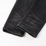 Men Cracked Leather Patch Biker Jeans Streetwear Pleated Patchwork Holes Ripped Stretch Denim Pants Skinny Tapered Trousers