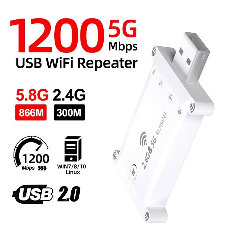 5g Usb Wifi Extender Repeater Dual Band 1200M Portable Wireless Signal Amplifier Wifi Booster USB Power Supply Wide Coverage