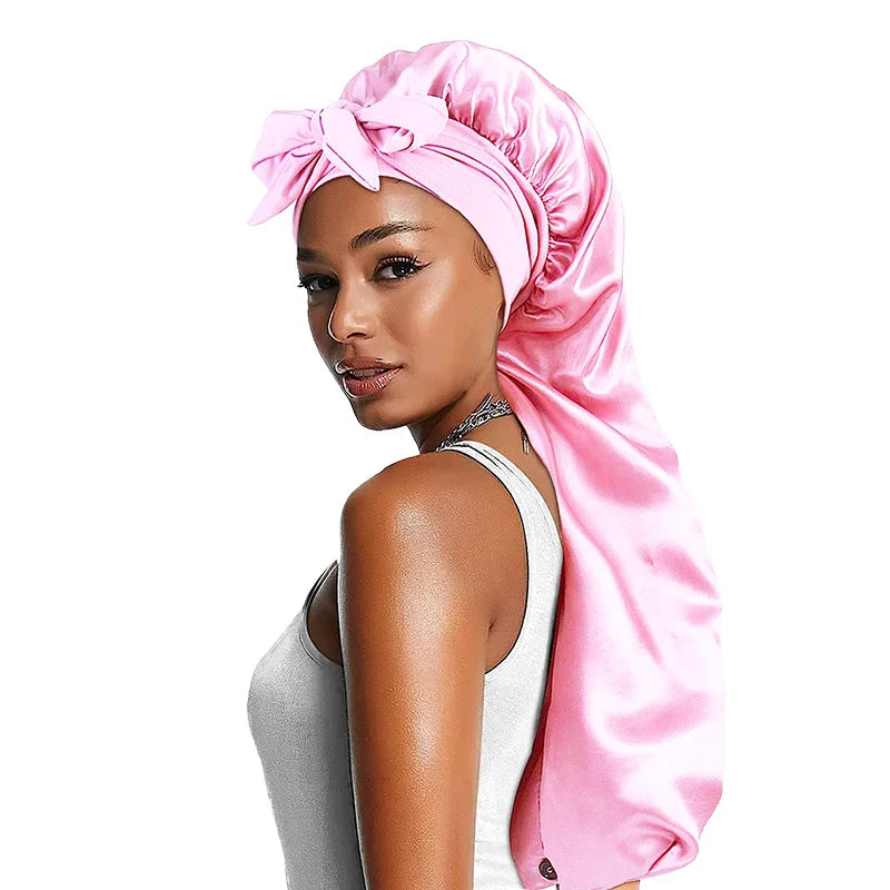 Women Satin Bonnets Adjustable Long Barrel Nightcap Solid Color Bow Lady Sleepcap Dry Hair Shower Hat Beauty And Hair Care Cap