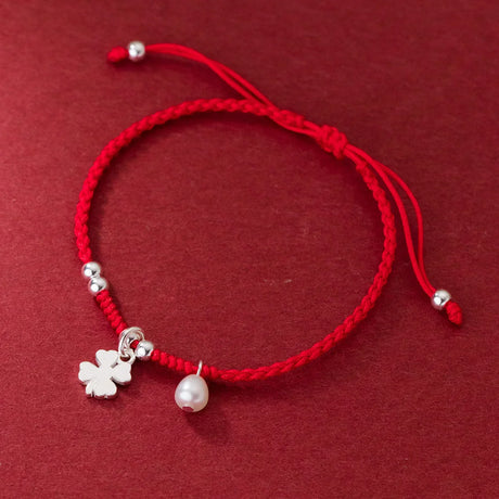 22cm Lucky 925 Silver Rope Bracelets Women Silver Retro Flower Red Thread Line String Bracelets For Women Girl Synthetic Pearl