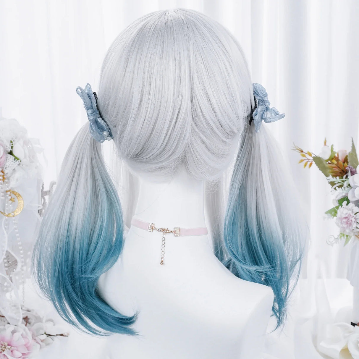 MSIWIGS Women Synthetic Lolita Wig Long Straight Ombre Two Tone Silver Grey Blue Hair For Cosplay With Bangs