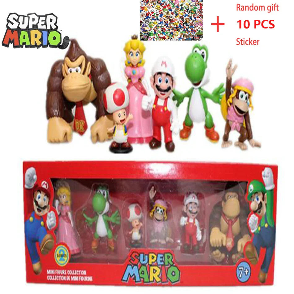 6pcs/set Super Mario Bros PVC Action Figure Toys Dolls Model Set Luigi Yoshi Donkey Kong Mushroom for kids birthday gifts AAA