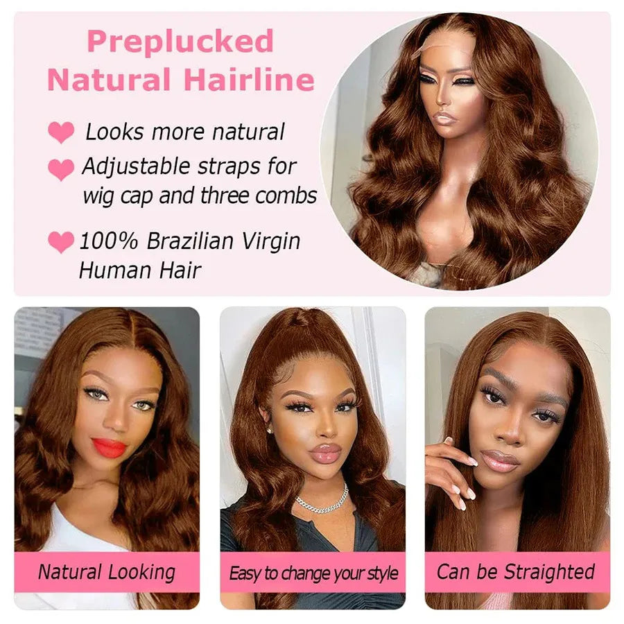 Chocolate Brown Body Wave Lace Front Wigs Human Hair Light Brown 13x4 HD Transparent Lace Frontal Wig Preplucked Brazilian Hair