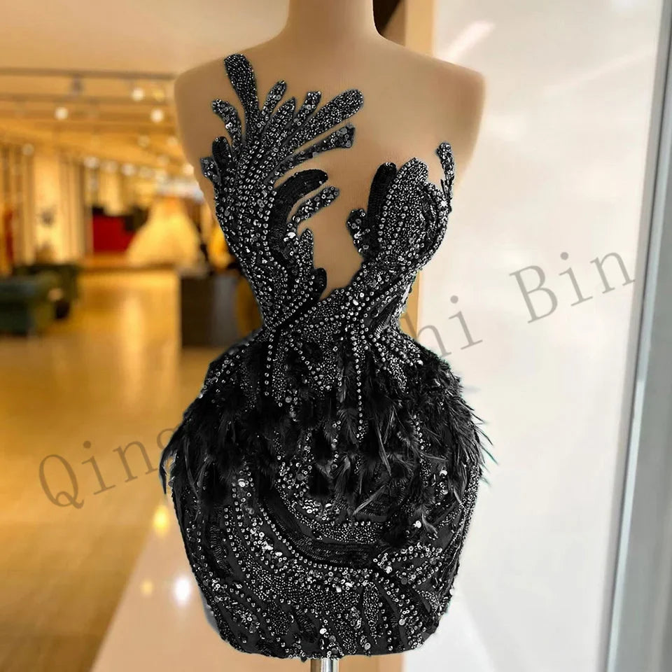 J14 Luxury O-Neck Sheath Above-Knee Black Girl Sequins Bead Homecoming Dresses/ Birthday Prom Party Cocktail Gowns Free Shipping