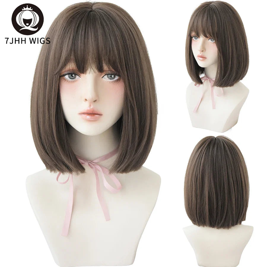 7JHH WIGS Black Short Bob Wig for Girl Daily Wear Synthetic Wig New Style Natural Supple Summer  Heatresistant Wig With Bangs