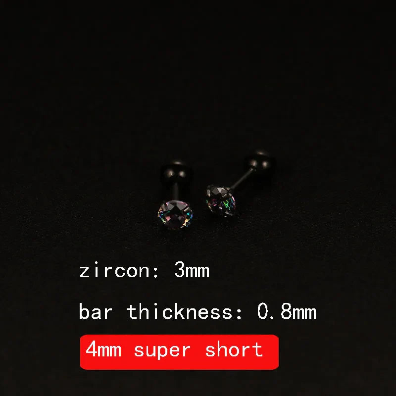 2PCS 4mm Short Ear Studs Earring Outside Upper Helix Earrings Titanium Steel CZ Crystal 3mm 4mm 5mm Mix Colors 0.8mm 20G Screw