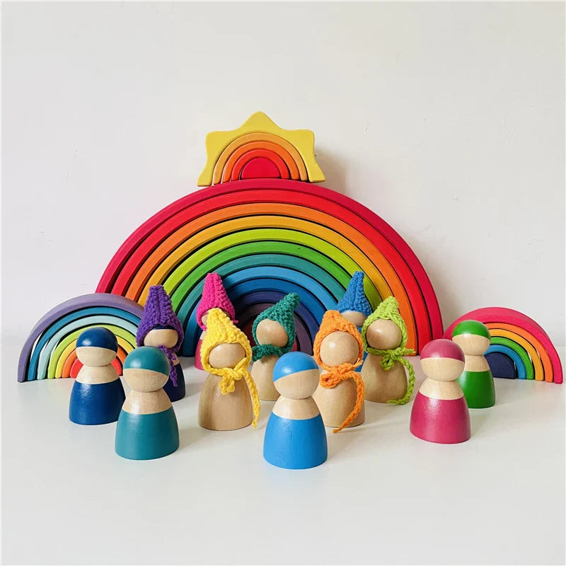 Large Wooden Rainbow Stacker Blocks Nordic Toys Loose Parts Play Wood Blocks Kids Peg Dolls Educational Toys for Children