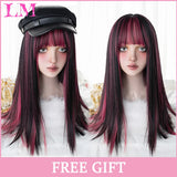 LM Cosplay Wig With Bangs Synthetic Straight Hair 24 Inch Long Heat-Resistant Pink Wig For Women