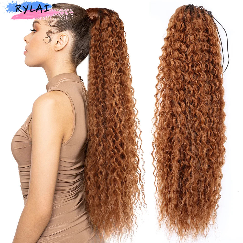 Long Curly Ponytail 80CM Synthetic Drawstring Ponytail Extensions Clip In Wrap Around Pony Tail Curls Ombre Color Anjo Plus