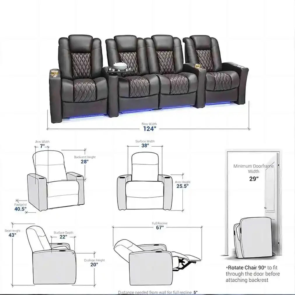 2024 Top electric recliner massage chair theater living room Sofa functional  microfiber leather Cinema four-person Power Seats