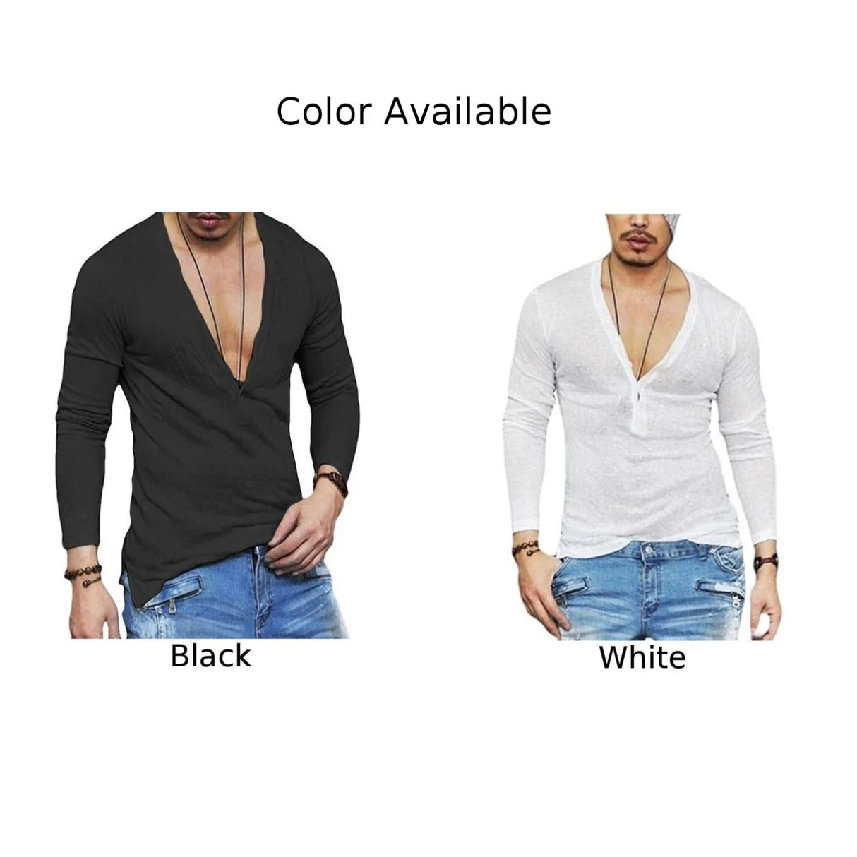 Mens Plain Slim Fitness Long Sleeve T-shirt Deep V Neck Button Tops Muscle Tee Blouse See Through Shirts Male Casual Tees Tops