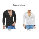 Mens Plain Slim Fitness Long Sleeve T-shirt Deep V Neck Button Tops Muscle Tee Blouse See Through Shirts Male Casual Tees Tops