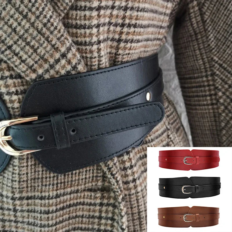 Ladies Wide Waist Straps Fashion Vintage Pu Leather Waistband Elastic Waist Seal Belt Pin Buckle Women's Coat Belt Cummerbund