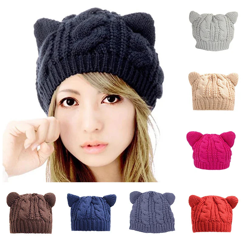 Solid Color Warm Cat Ear Knitted Hats Crochet Lugs Anime Beanies Women's Winter Hat Gilrls Kawaii Bonnet Femme Wool Cap