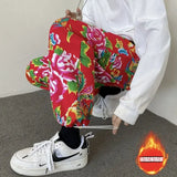 Northeast Flower Printed Thickened Cotton-padded Jacket Couple Chinese Style Causal Loose High Street Parkas Pants Suit