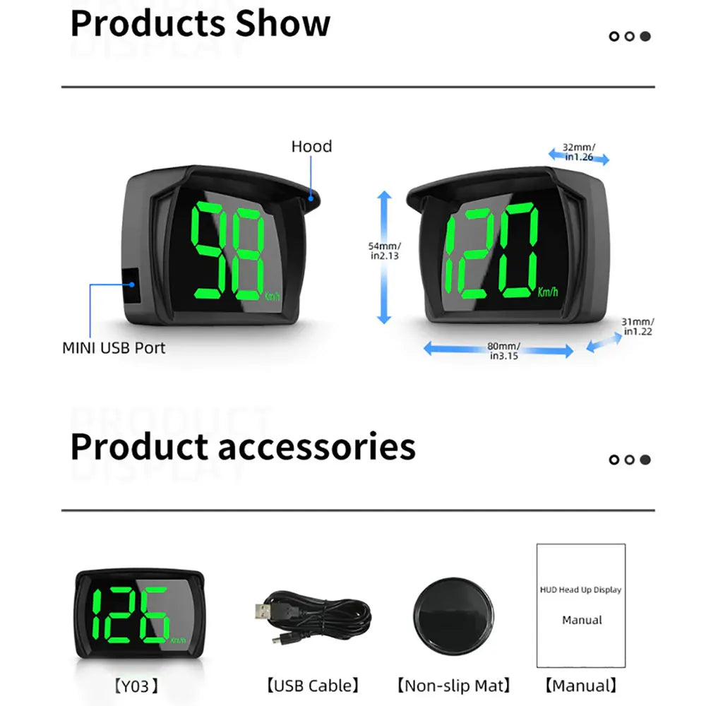 Y03 Car GPS Head Up Display For HUD GPS Speedometer Auto Electronic Accessories Speed Km/h MPH Green Backlight