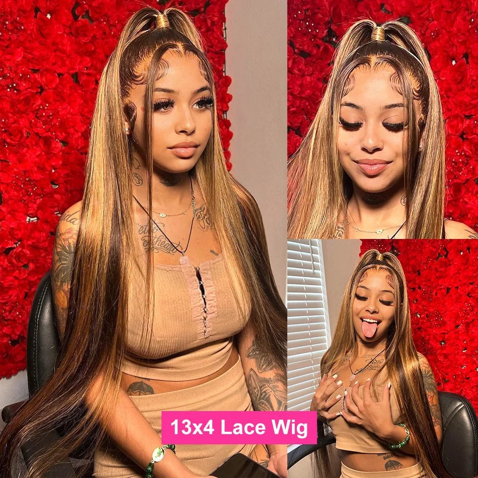 Highlight Ombre Colored Brown Lace Front Human Hair Wigs For Women Pre Plucked HD Honey Blond 360 Full Lace Frontal Wig Glueless