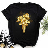 Plus Size Maycaur New Fashion Gold Rose Print Women T Shirt Harajuku Short Sleeves Tshirts Casual O-neck Top Tee Black T-shirt