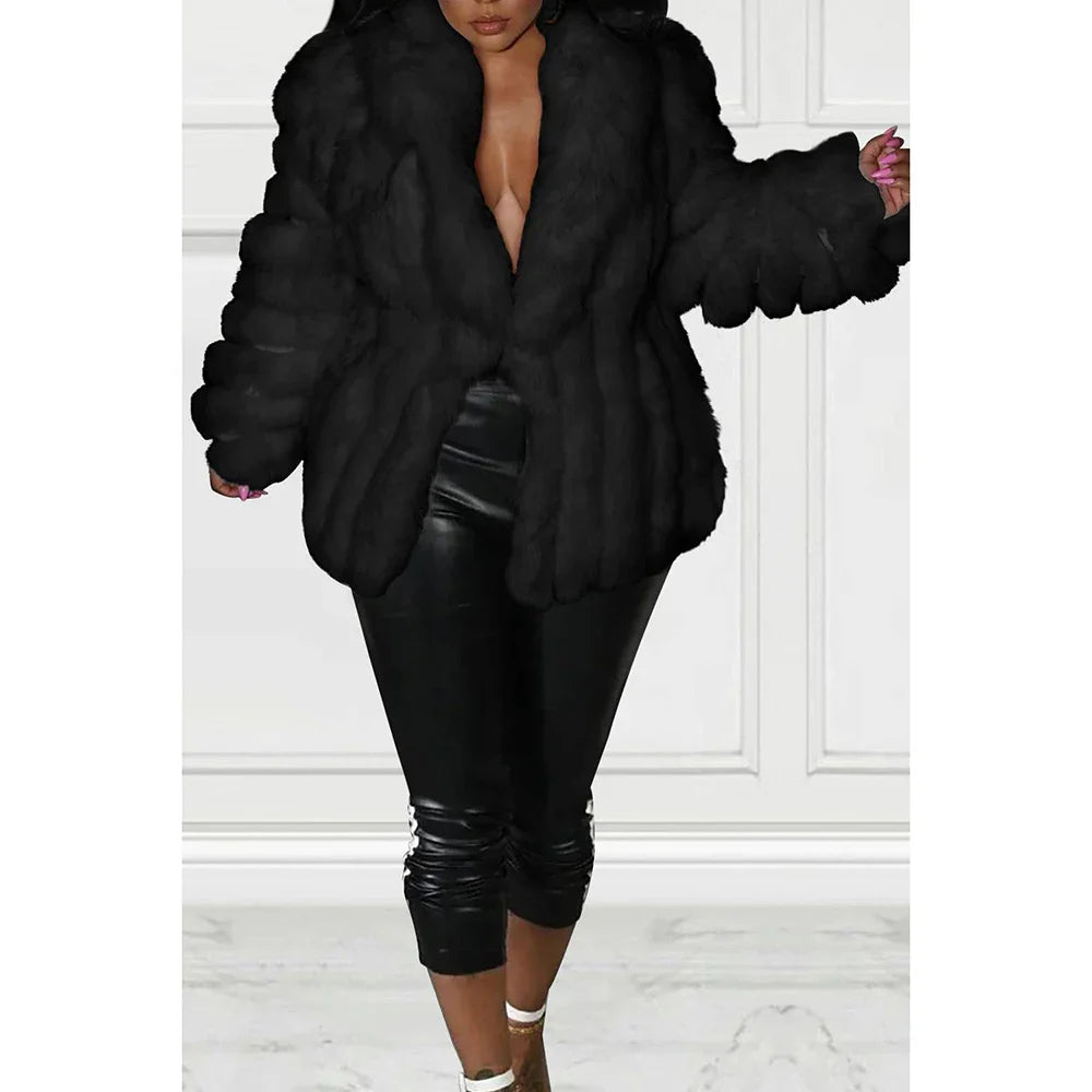 Plus Size Semi Formal Outwear White Faux Fur Oversized Jacket Outwear With Cinch Waist