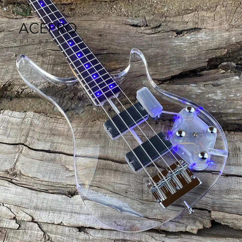 4 String Blue LED Lights Electric Bass Guitar, Clear Acrylic Crystal Body, Maple Neck, Rosewood Fingerboard