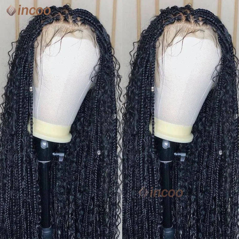 360 Full Lace Frontal Boho Braided Wigs Wave Curly Preplucked Goddess Locs Braided Wig With Baby Hair Synthetic Box Braids Wigs