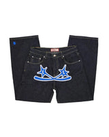 Vintage Gear Patch Punk Jeans High Street Spiderweb Straight Leg Pants Men's Wide Leg Pants Black Cargo Pants Y2k Clothes Baggy