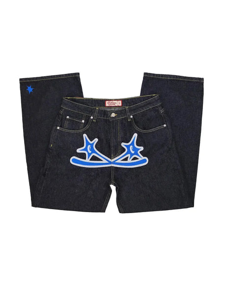 Vintage Gear Patch Punk Jeans High Street Spiderweb Straight Leg Pants Men's Wide Leg Pants Black Cargo Pants Y2k Clothes Baggy