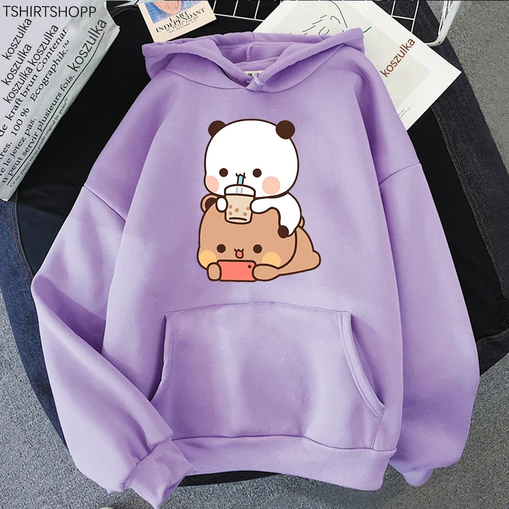 Bubu And Dudu Drink Bubble Tea Print Women Hoodie Kawaii Female Sweatshirt Harajuku Loose Long Sleeve Plus Size Clothes Tops