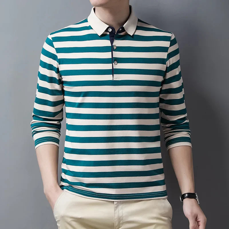 Top Quality Cotton Long Sleeved Polo Shirts Men Clothing Autumn 2023 New Fashion Striped Casual Business Male Tops