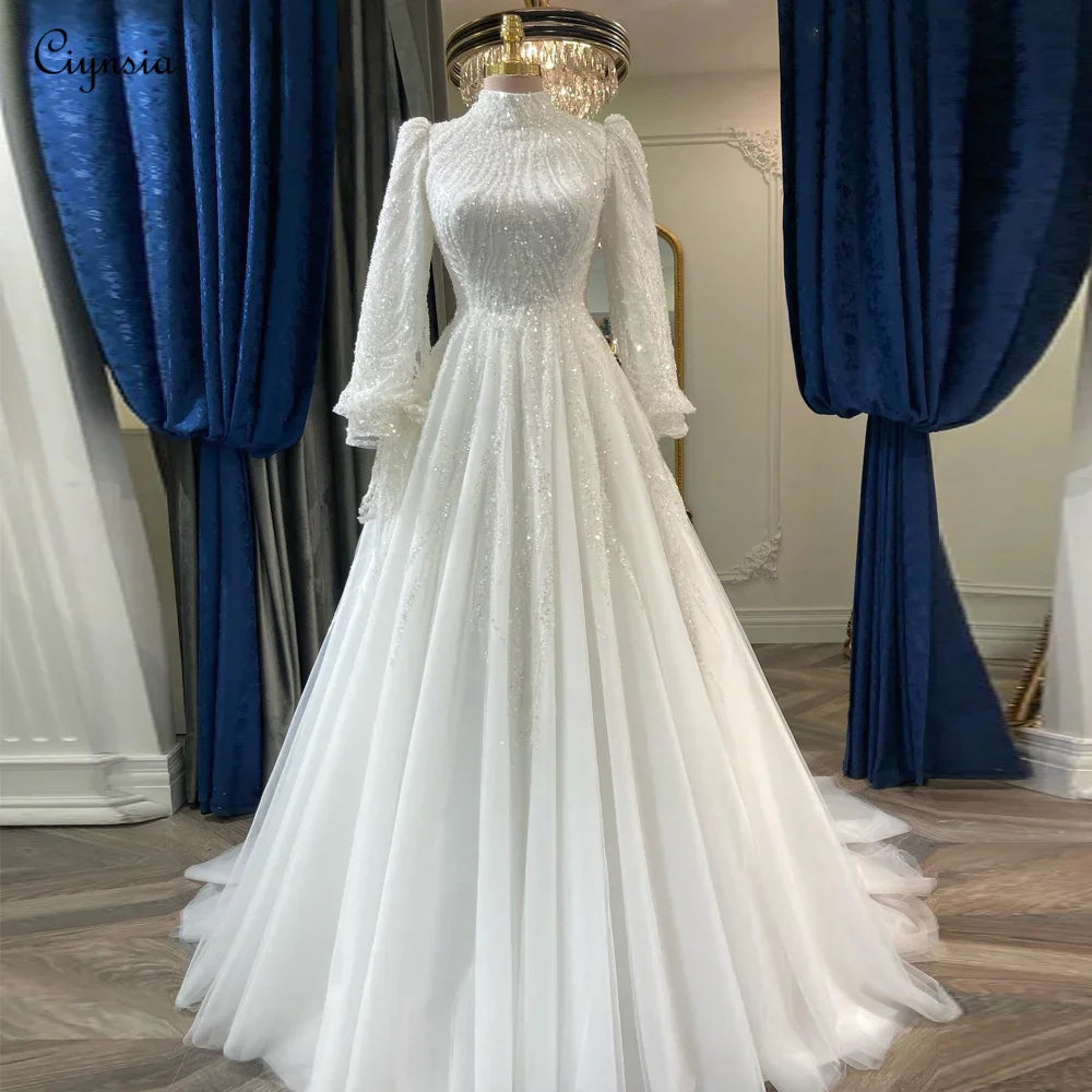 Ciynsia Luxury Long Sleeves Muslim Wedding Dresses Lace Beaded Dubai Arabic Bridal Gowns For Women Bride Robe De Mariée 2024