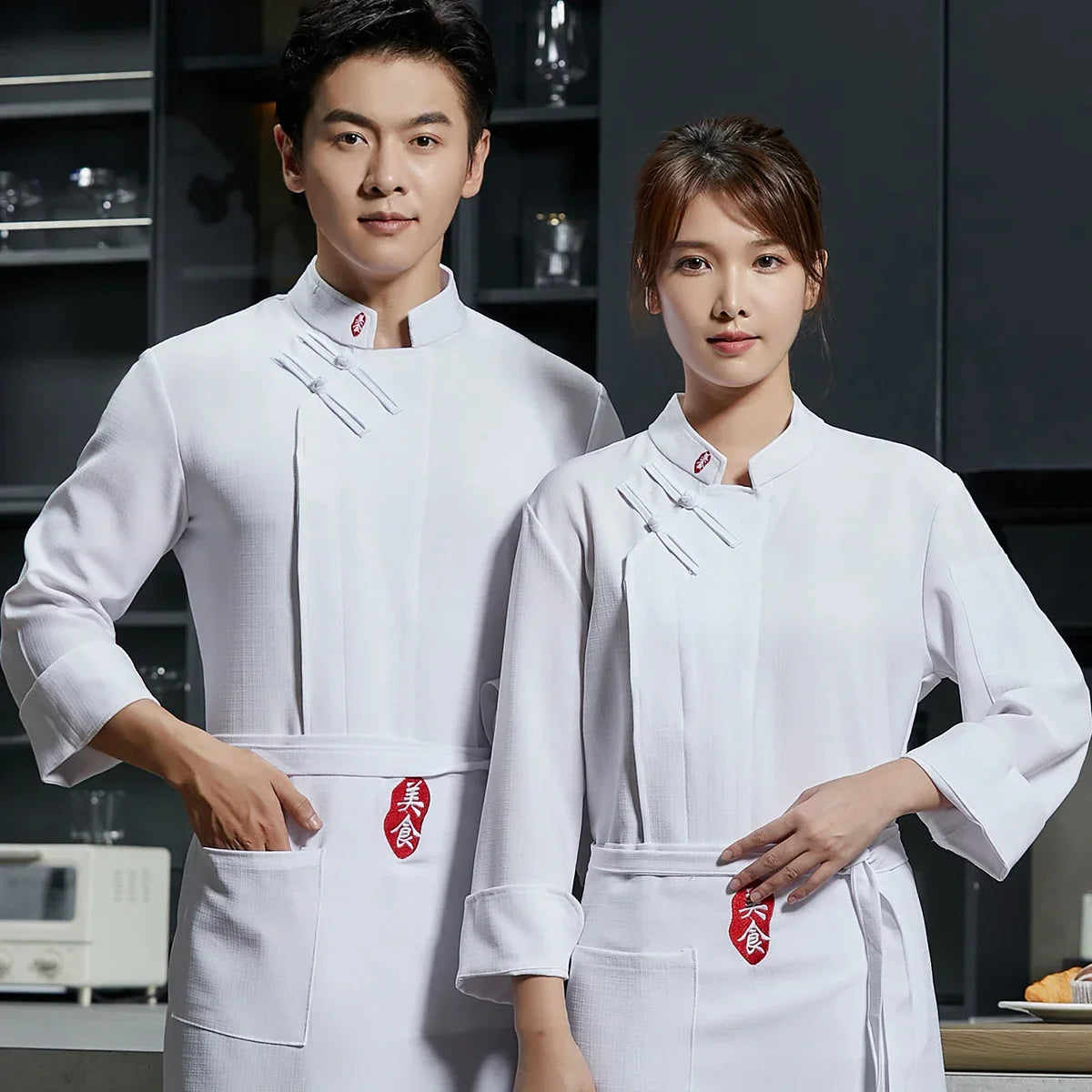 Chef Uniform Long Sleeve  Men Women Linen Kitchen Cook Jacket Waiter Coat