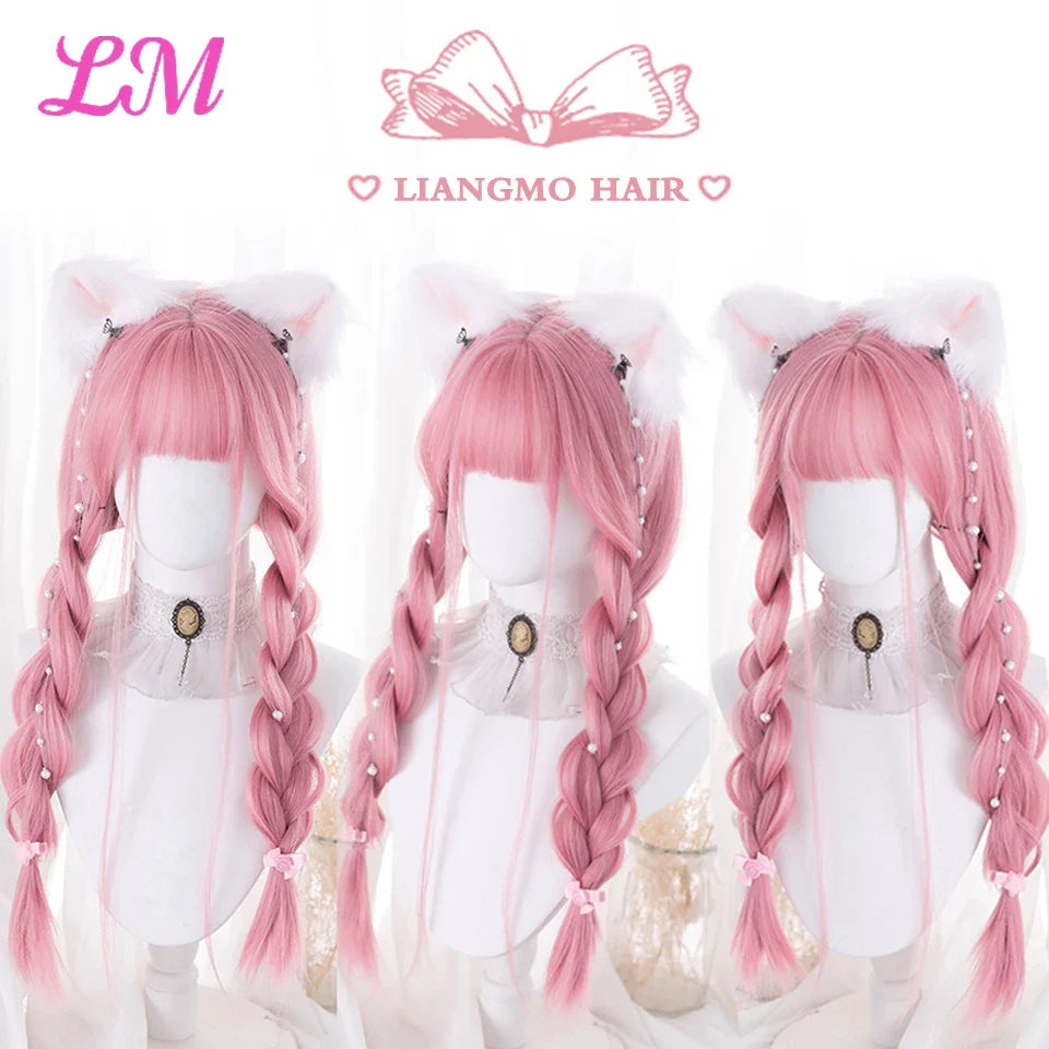 LM Cosplay Wig With Bangs Synthetic Straight Hair 24 Inch Long Heat-Resistant Pink Wig For Women