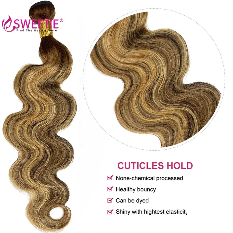 Highlight Body Wave Bundles Human Hair Bundles P4 27 Ombre Honey Blonde Bundle 12A Peruvian Remy Hair Weave Extensions For Woman