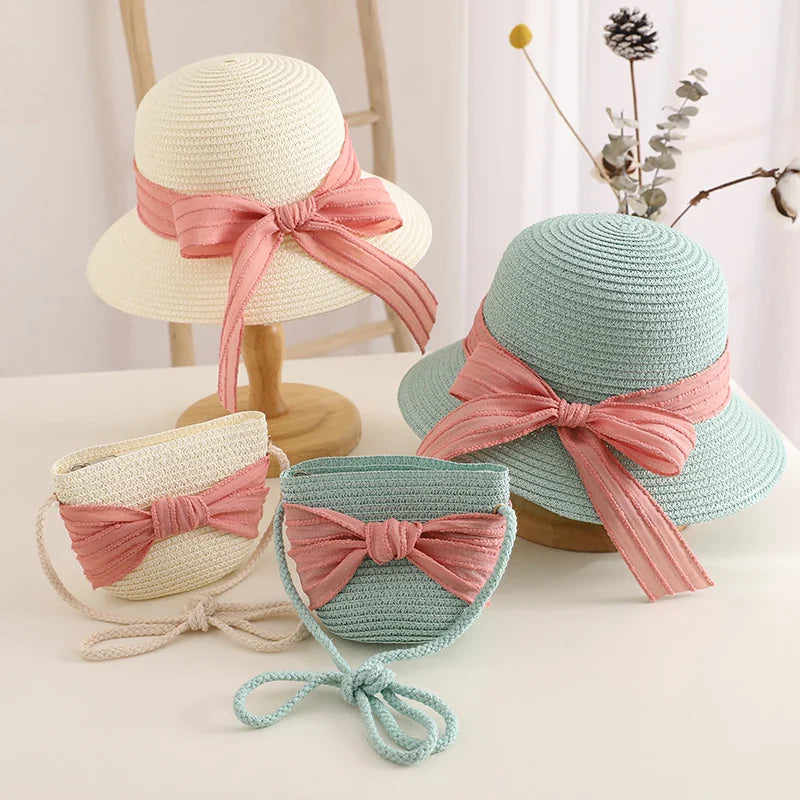 Kids Girls Straw Hat Handbag Set Wide Brim Lace Bow Sun Protection Cap  Summer Beach Bucket Cap Portable Handbag панама Gorras